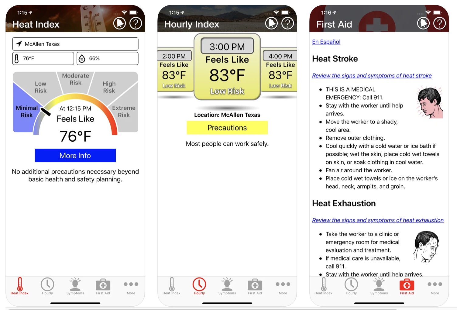 Screenshots of OSHANIOSH Heat Safety Tool App U.S. Climate